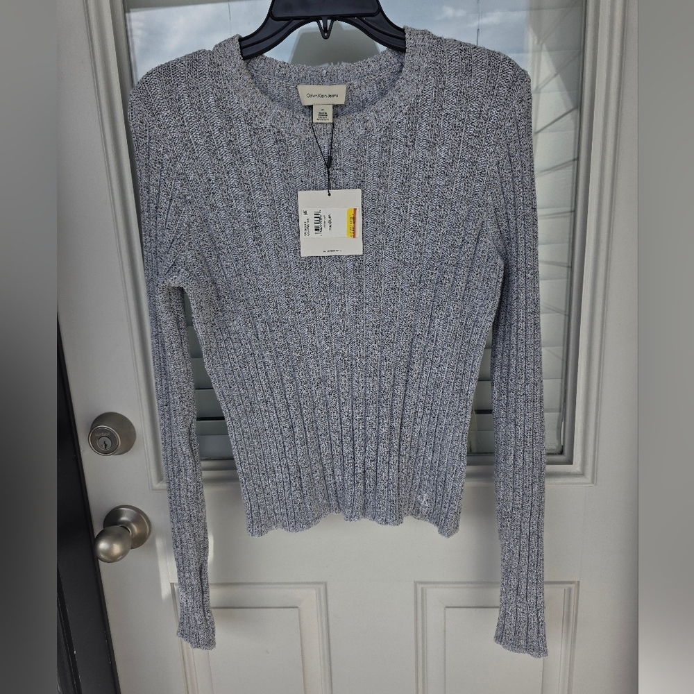 $120 Calvin Klein Women Light Gray Ribbed Sweater Sz M NWT Cozy Cotton Blend